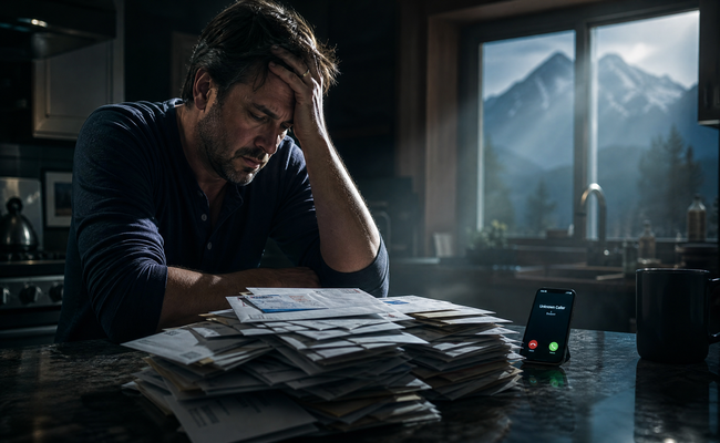 John looking stressed at bills on the kitchen counter considering to stop paying credit cards
