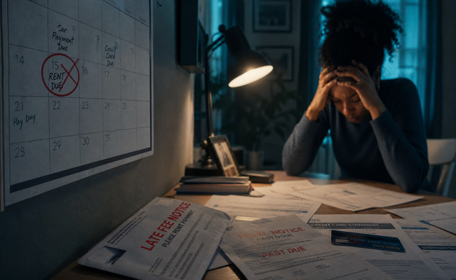 Calendar showing missed credit card due date and late fees