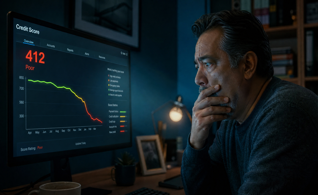 Graph showing a dropping credit score due to late payments