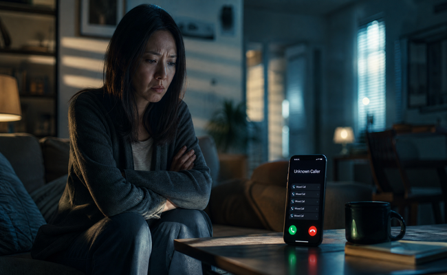 Woman ignoring persistent phone calls from debt collectors