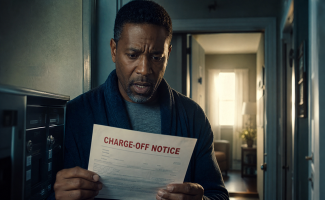 Man looking at a charge-off notice from his credit card company