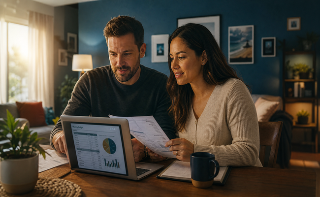 Couple reviewing their budget together to find debt solutions