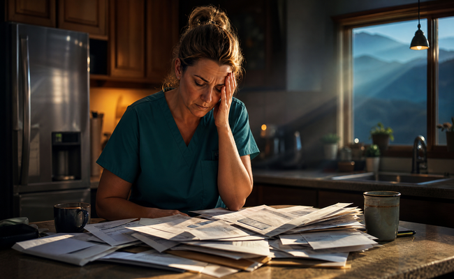 Middle-aged woman in scrubs standing at kitchen counter overwhelmed by stack of overdue envelopes
