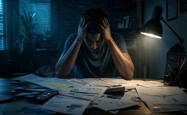 Young man with head in hands surrounded by scattered bills and collection notices on desk