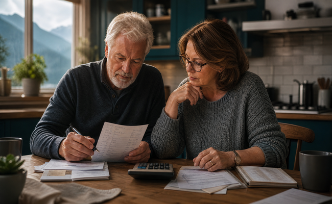 Older couple sitting together at kitchen table reviewing their monthly budget with concern