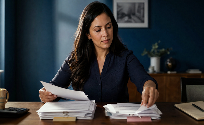 Woman at dining table sorting financial documents into two separate organized piles
