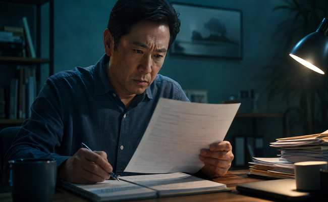 Man sitting at desk reading a legal summons document with serious focused expression

