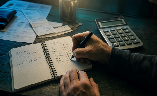 Close-up of hands writing income and expense figures in a spiral notebook budget
