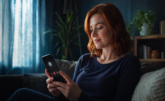 Woman calmly pressing decline on phone screen to block a debt collector call