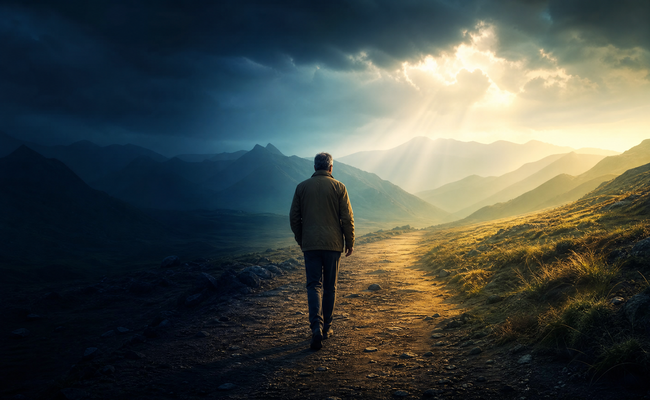 Person walking along a path from a dark shadowy area toward bright warm light ahead