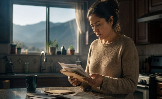 Elena staring at a pile of collection letters on her kitchen counter with a worried expression