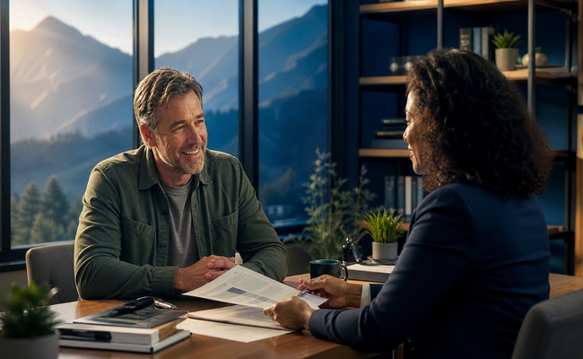 Man consulting with a credit counselor about bankruptcy and debt settlement options