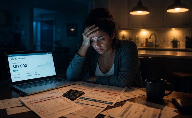 Natalie sitting at her kitchen table staring at her retirement account balance on a laptop screen with credit card bills scattered nearby
