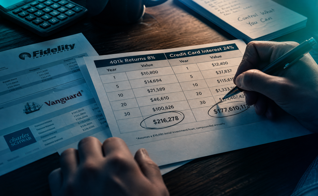 Financial calculator showing interest rate comparison between retirement returns and credit card debt rates
