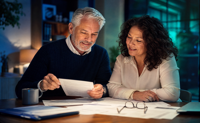 Older couple in their sixties sitting together reviewing financial documents and discussing retirement options
