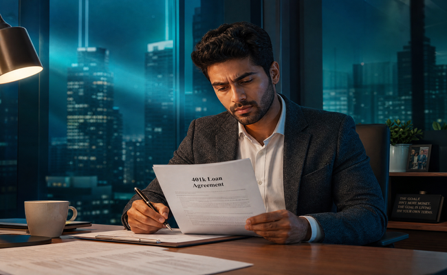 Young man carefully reading 401k loan agreement documents at a desk with a pen in hand
