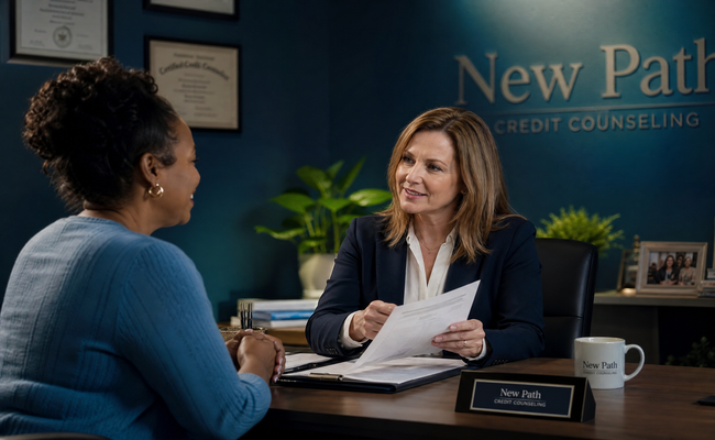 Middle-aged woman sitting across from a nonprofit credit counselor discussing debt relief options in an office