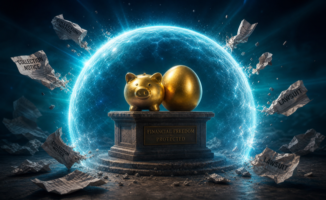 Conceptual image of a protective shield surrounding a retirement nest egg with creditor documents bouncing off