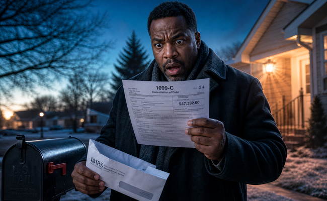 Darnell standing at his mailbox holding an opened IRS envelope with a stunned expression on his face