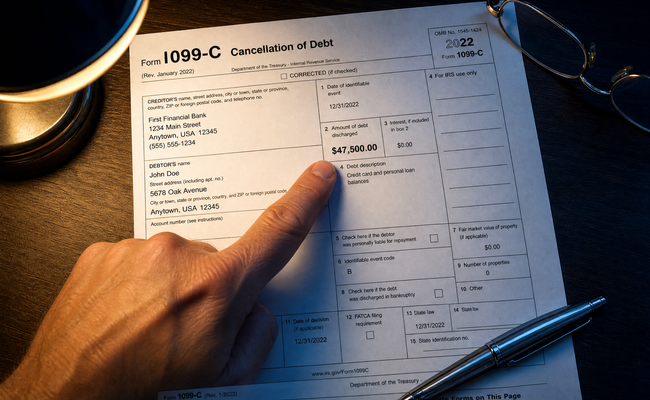 Close-up of IRS Form 1099-C with Box 2 highlighted showing the cancelled debt amount