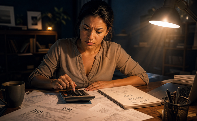 Young woman at a desk using a calculator with tax forms and a notepad showing percentage calculations