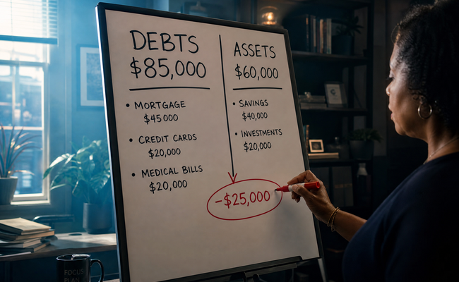 Split-screen visual showing a balance sheet with liabilities column clearly exceeding the assets column