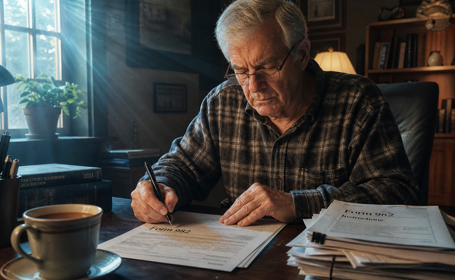 Older man with reading glasses carefully filling out IRS Form 982 at a home office desk