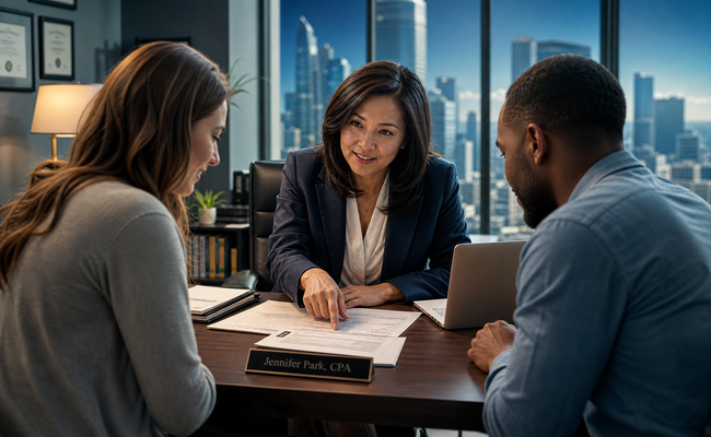 Female tax professional in a modern office explaining documents to a young couple seated across her desk