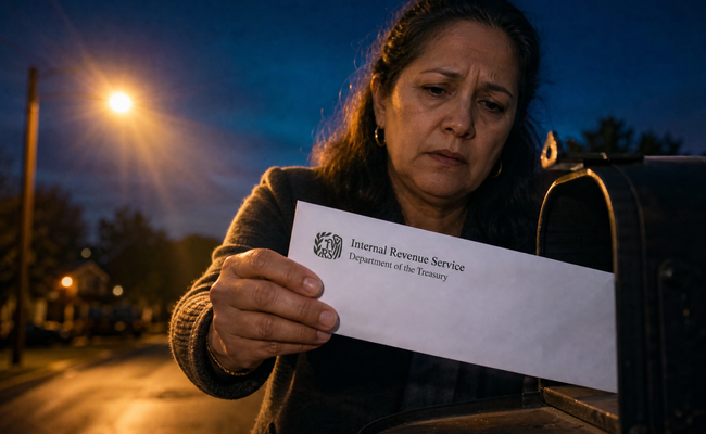 Hand pulling an official IRS envelope from a residential mailbox with a worried expression visible