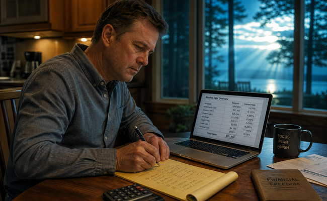 Middle-aged man at a kitchen table with a laptop open to a spreadsheet comparing settlement costs including tax impact