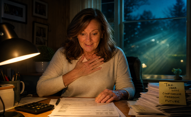 Patricia sitting at her desk with a relieved expression as she realizes her insolvency calculation means she owes nothing to the IRS