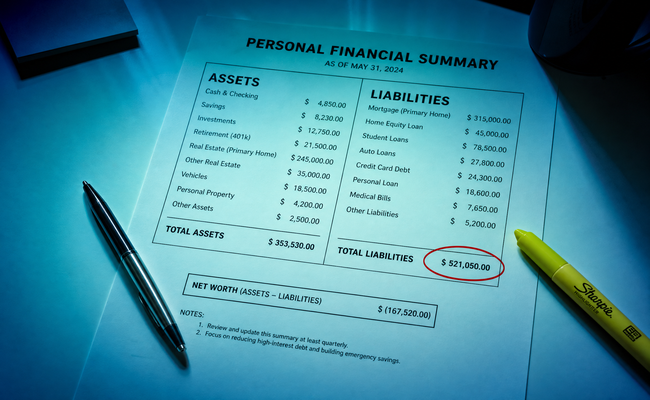 Overview of a two-column worksheet with assets on one side and liabilities on the other with totals circled