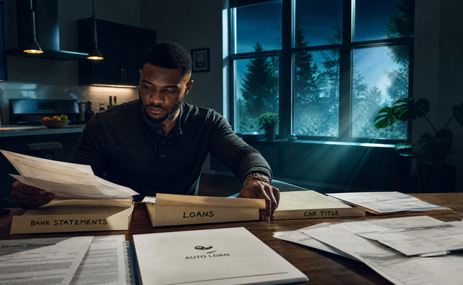 Young man organizing bank statements, loan documents, and property records into labeled folders at a dining table