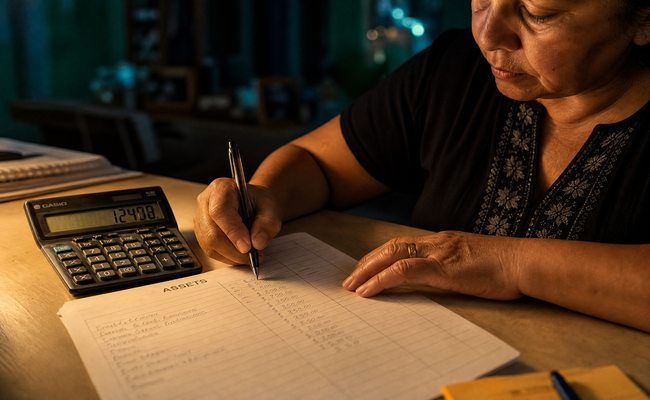 Close-up of hands writing dollar amounts in the assets column of a financial worksheet with a calculator nearby