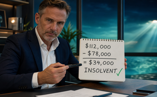 Notepad showing a simple subtraction with total debts minus total assets equaling the insolvency amount with a checkmark