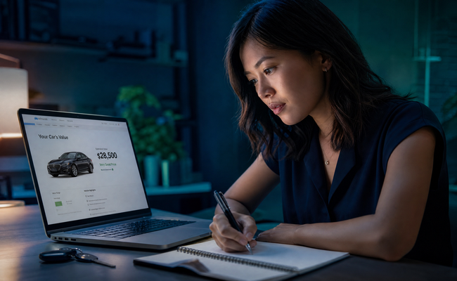 Woman looking up her vehicle value on a laptop showing Kelley Blue Book with car keys on the desk