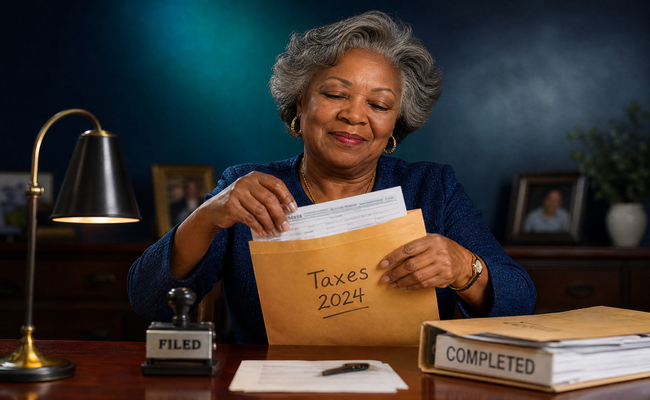 Older woman placing completed tax documents into a large envelope with a confident expression