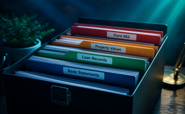 Neatly organized file folder with labeled tabs for bank statements, loan records, and property valuations