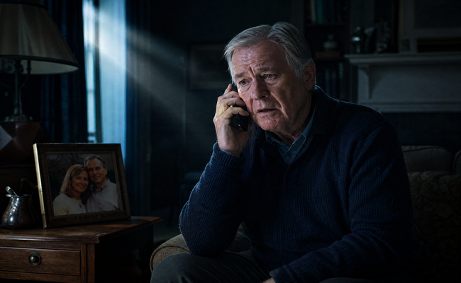Older man sitting alone in a dim living room holding a phone with a shocked and confused expression
