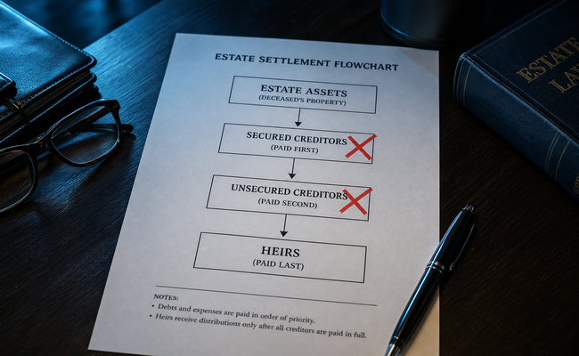 Flowchart showing how estate assets are distributed to creditors in priority order during probate
