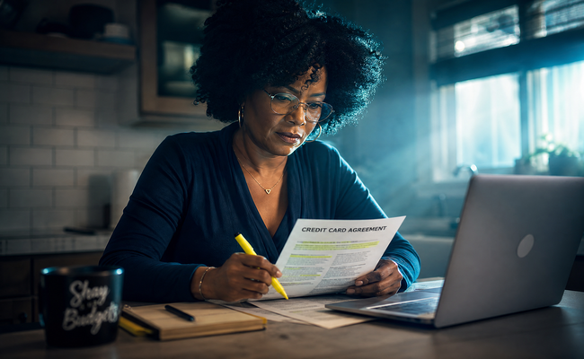 Woman reviewing a credit card agreement at a kitchen table to determine if she is a co-signer or authorized user
