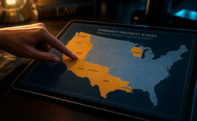 Highlighted map of the United States showing the nine community property states in contrasting color
