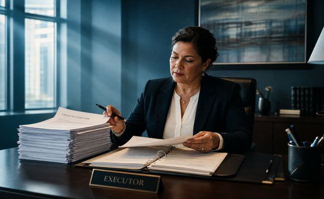 Professional woman at a desk reviewing a stack of creditor claim forms with a legal folder open beside her
