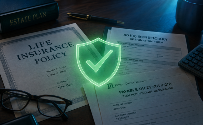 Close-up of beneficiary designation forms for life insurance and retirement accounts with a protective shield symbol
