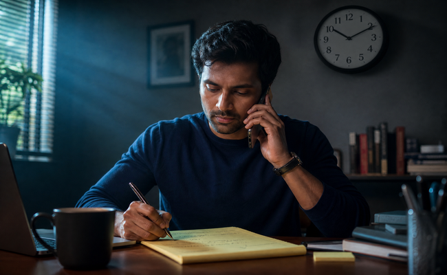 Young man writing notes on a legal pad while on the phone documenting a debt collector conversation