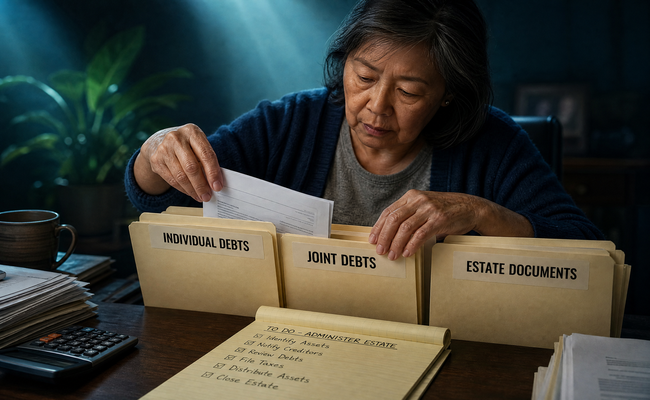 Organized desk with labeled folders for individual debts, joint debts, and estate documents with a checklist