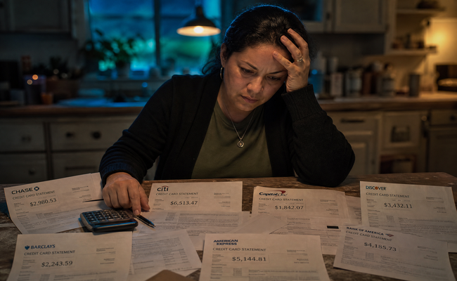 Woman sitting at a kitchen table surrounded by multiple credit card statements looking overwhelmed but determined