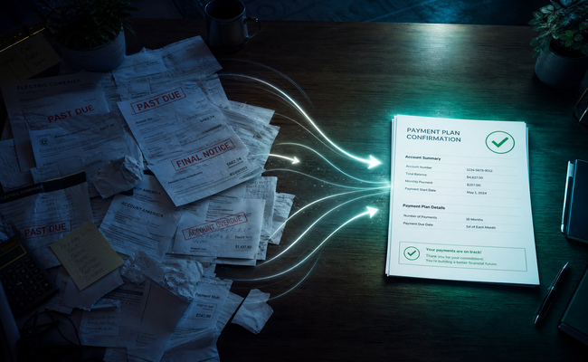 Visual showing multiple scattered bills and envelopes converging into a single organized payment document
