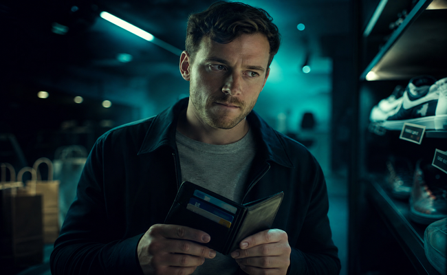 Young man looking at zero-balance credit cards in his wallet with a conflicted expression near a shopping display