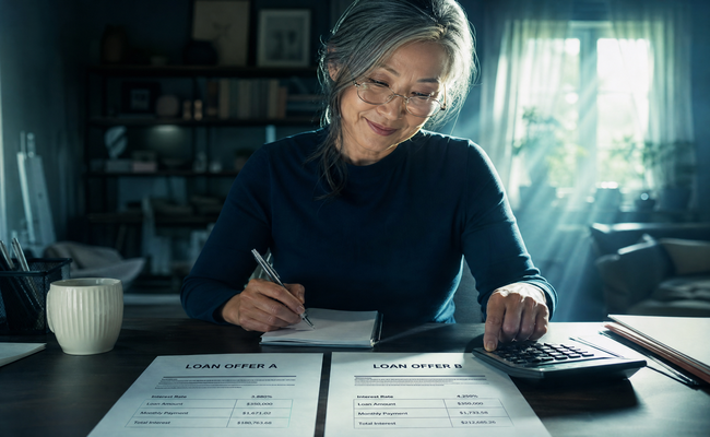 Older woman using a calculator and notepad to compare loan offers with a satisfied expression at her results